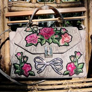 Aldo Beige Crossbody Bag with sequined flowers and bow like new!